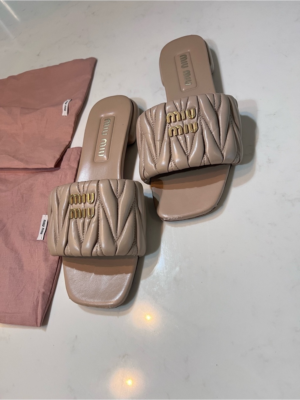 Miu Miu Quilted Leather Slide Sandals in Beige Taupe - Picture 4 of 5